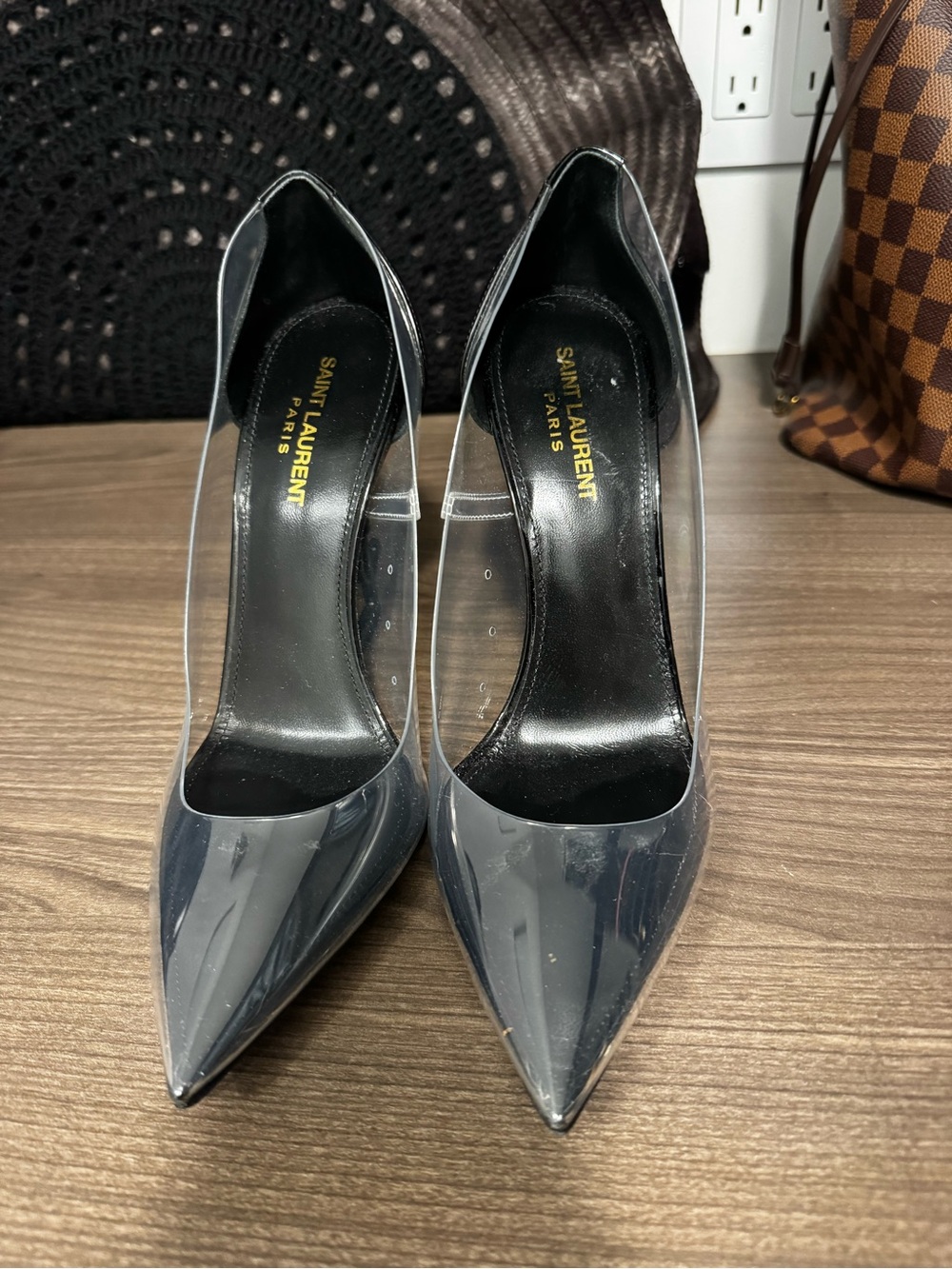 Saint Laurent Black Patent & Clear PVC Pointed Toe Pump with YSL Logo Heel - Picture 7 of 10